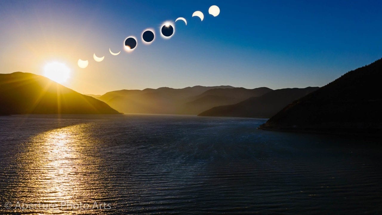 Composite of total solar eclipse of July 2, 2019 passing over Puclaro in the Elqui Valley of Chile