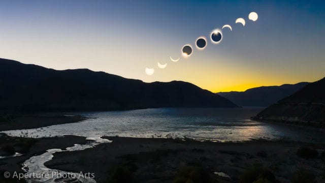 Composite of total solar eclipse over pisco vineyard Falernia near Vicuña Chile in Elqui Valley July 2 of 2019