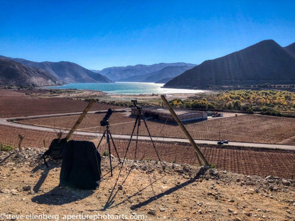 Set-up for shooting the total solar eclipse of July 2, 2019 overlooking Viña Falernia and Lake Puclaro in the Elqui Valley of Chile