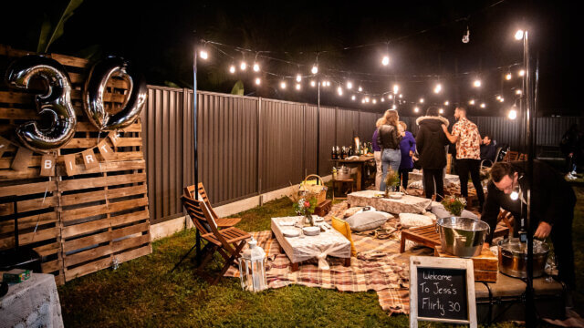 party at night with festoon lighting