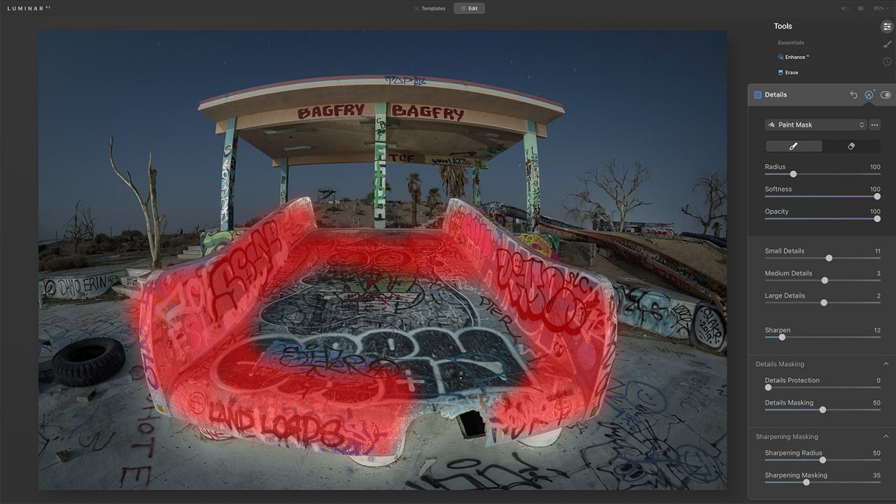 Using Paint Mask to add details and sharpening in Luminar AI. Screenshot.