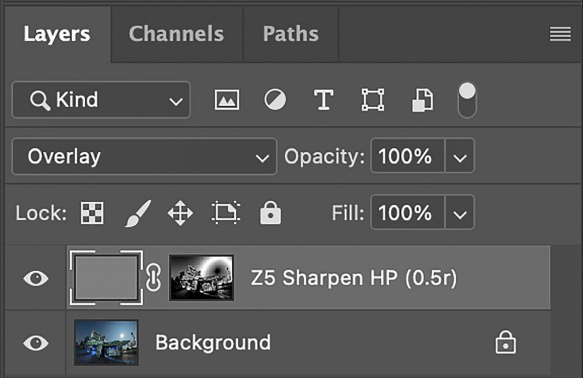 Layer mask - luminosity masking - used for sharpening (high-pass filter)