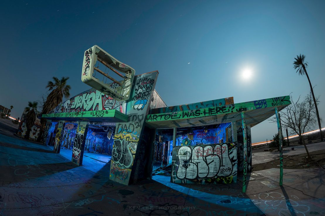 A night photo of an abandoned waterpark in California, sharpened using Photoshop's High Pass Filter