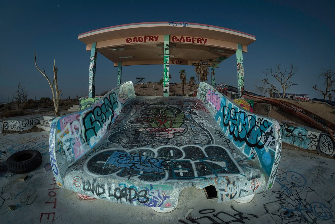 A night photo of an abandoned waterpark in the Mojave Desert. I increased the detail and sharpening with Luminar 