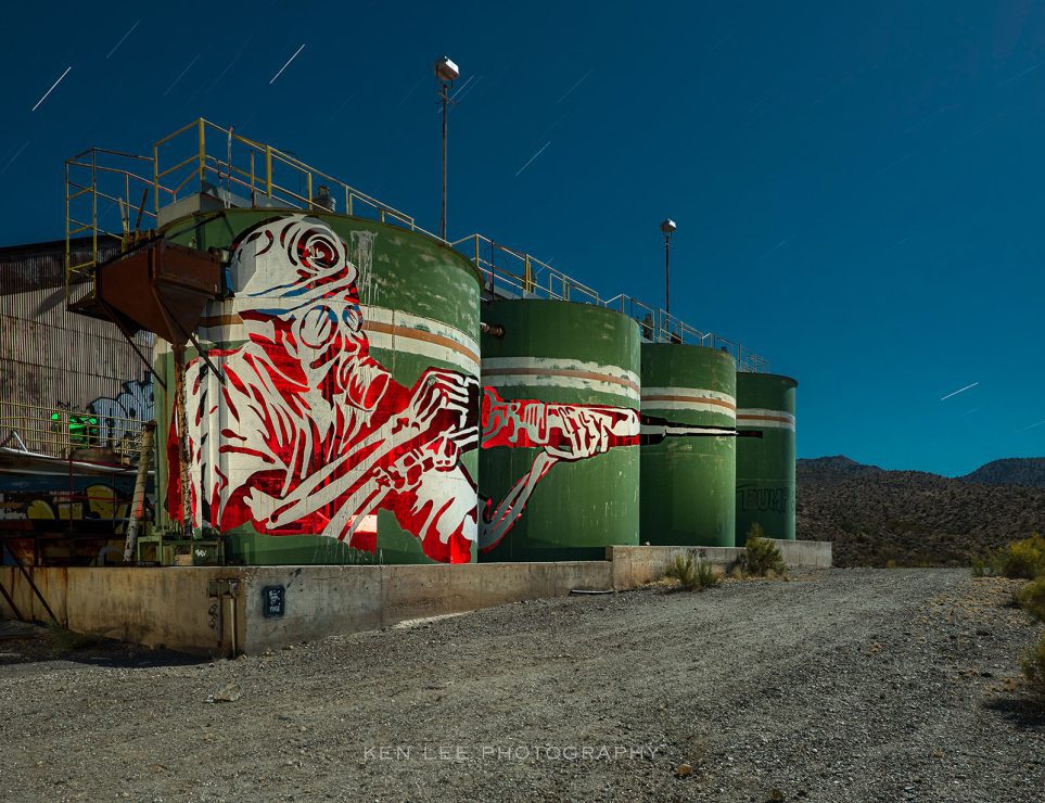 Green tanks, red lights. Despite my red-green colorblindness, I can see this. More subtle hues, maybe not so much. This is a night photo of an old mine in the Mojave Desert.