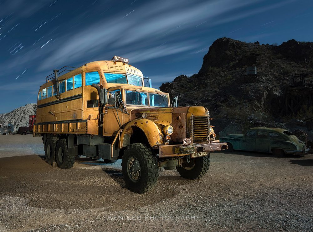 Night photo of a strange Mad Max-like bus in the desert. I thought I was lighting it with blue. When I saw this on my LED screen, I knew that it was a patented color known as GST (Gas Station Teal), developed by Tim Little.