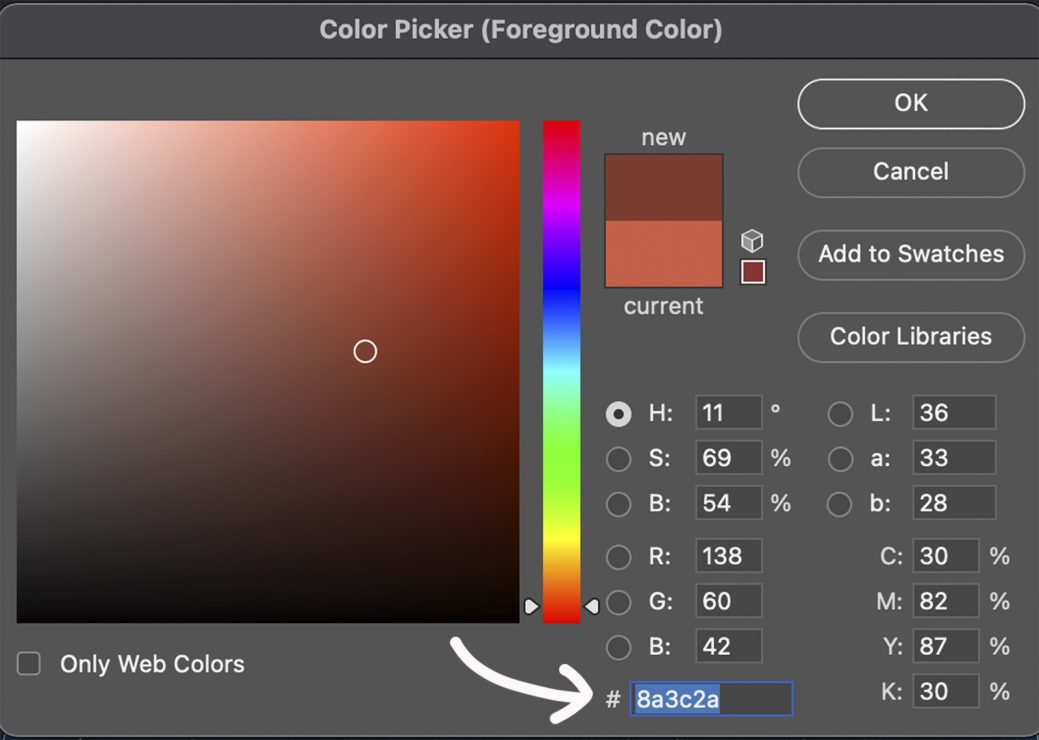 The Color Picker dialog box in Photoshop. Most photo editors have something similar for matching and identifying colors. The color I am choosing here sometimes looks like somewhat brown, especially when mixed among other colors. This is a great way to determine the color without guessing.