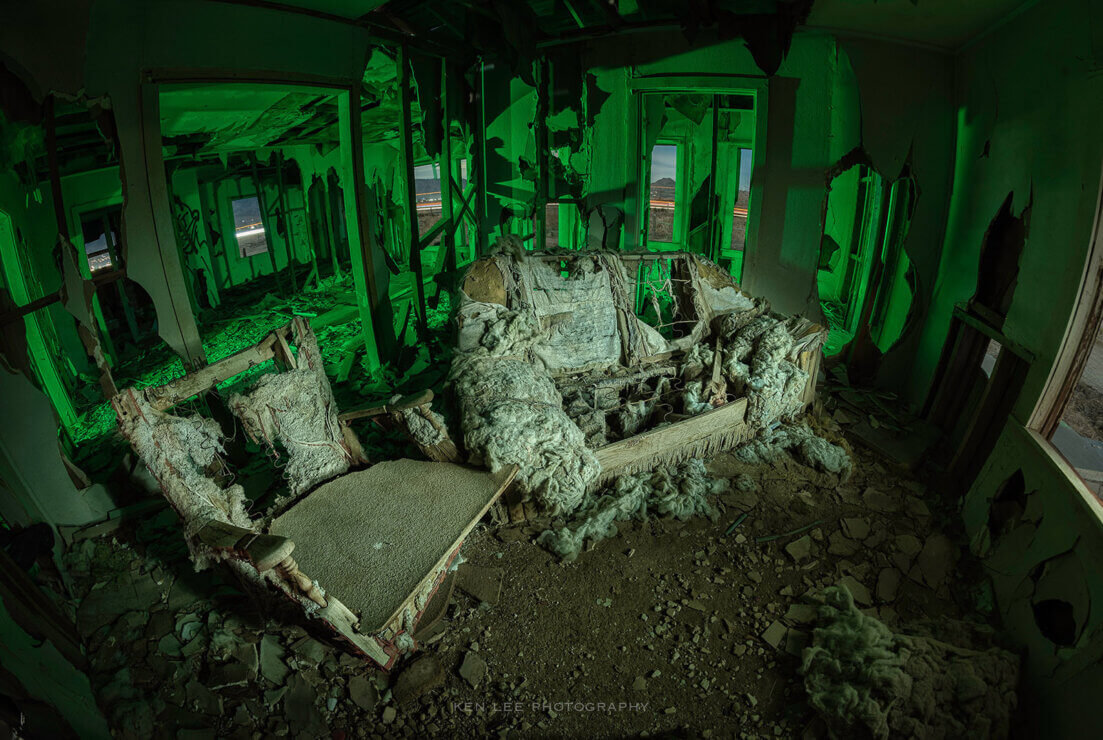 Light painting a scene with many different details. Interior of an early 1900s abandoned farmhouse, Mojave Desert, California.
