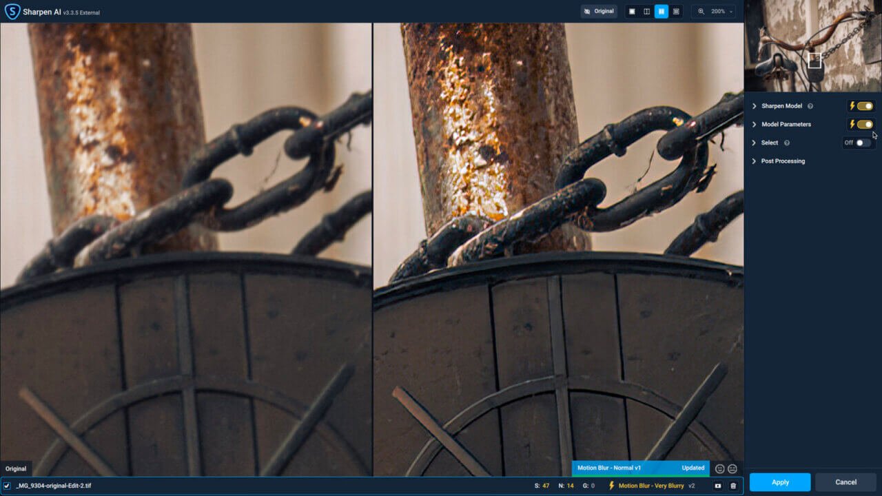Topaz Sharpen AI Screenshot showing before and after auto settings