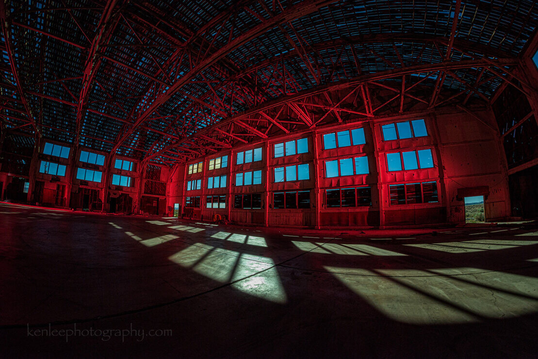 Texture and shadows inside an enormous WWII airplane hangar, Nevada desert.