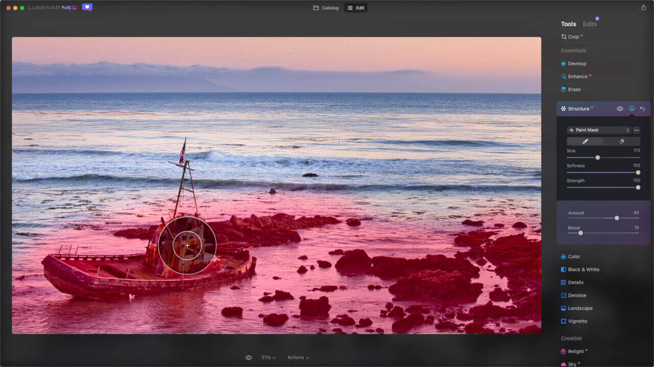 The Tools Tab in Luminar Neo with StructureAI and a Tool Mask