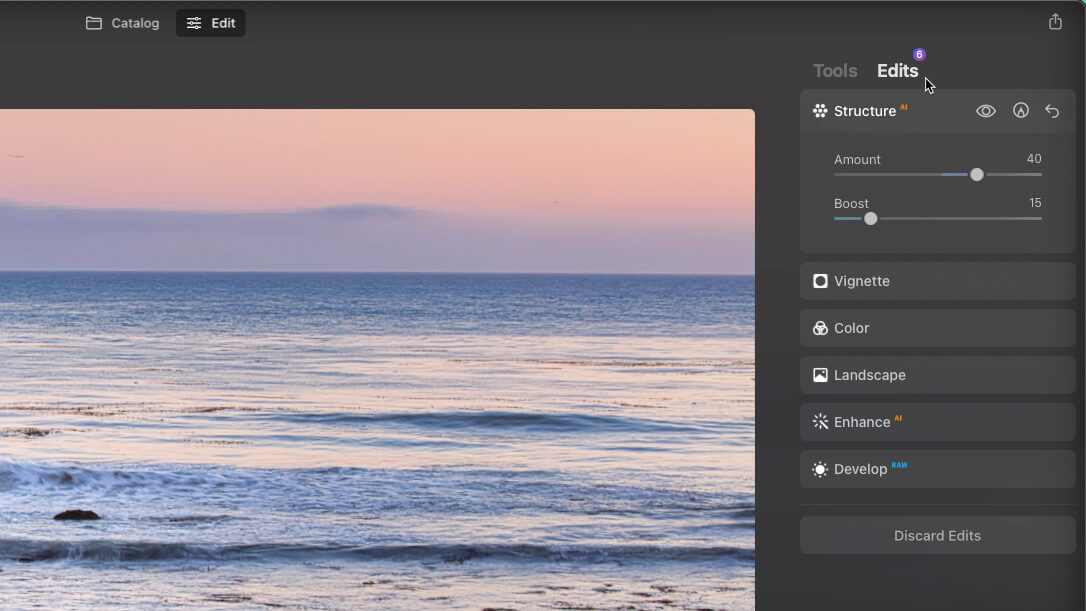 Luminar Neo Edits tab with first instance of StructureAI added