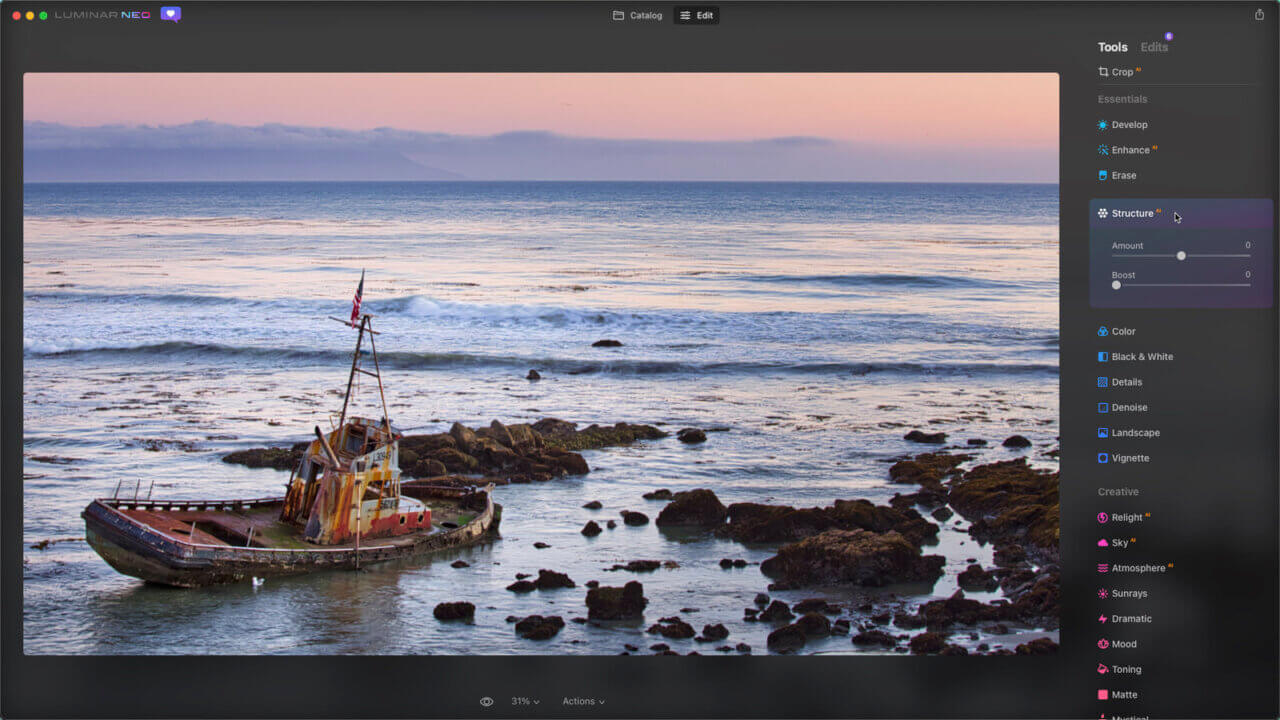 Luminar Neo Tools Tab with a new instance of StructureAI
